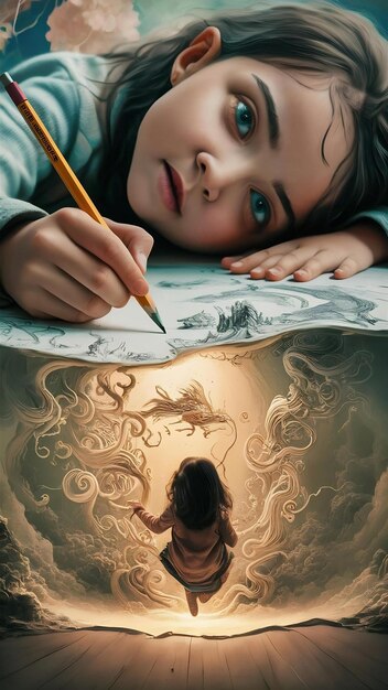 A dreamy, fantastical image of a young artist holding a pen, with swirling ink lines transforming into magical creatures and landscapes around them, set against a backdrop of a cluttered art studio.