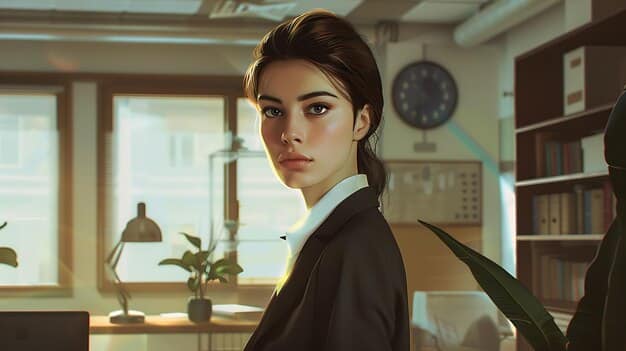 A young female professional in a sleek office environment, looking determined and intelligent, representing a common J-drama character archetype of a strong female lead.