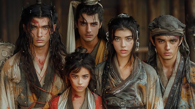 A diverse group of J-Drama characters, each embodying a distinct archetype like the stoic hero, the quirky best friend, the tsundere, and the diligent workaholic, interacting in a dynamic scene that hints at budding relationships and personal growth.
