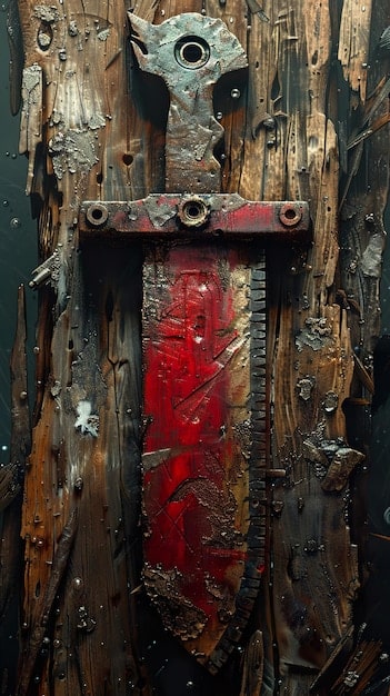 Close-up of a painted Worbla armor piece exhibiting realistic weathering effects, including simulated rust, scuffs, and battle damage, highlighting the intricate details.