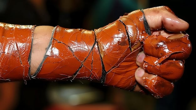 A close-up of a cosplayer's hands in heat-resistant gloves, molding a heated Worbla sheet over a sculpted foam base using a heat gun.