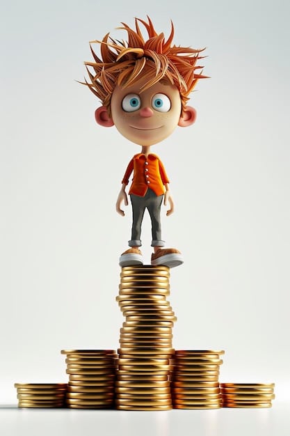 A stack of coins with a small anime character figurine balancing on top, symbolizing careful budgeting in streaming.