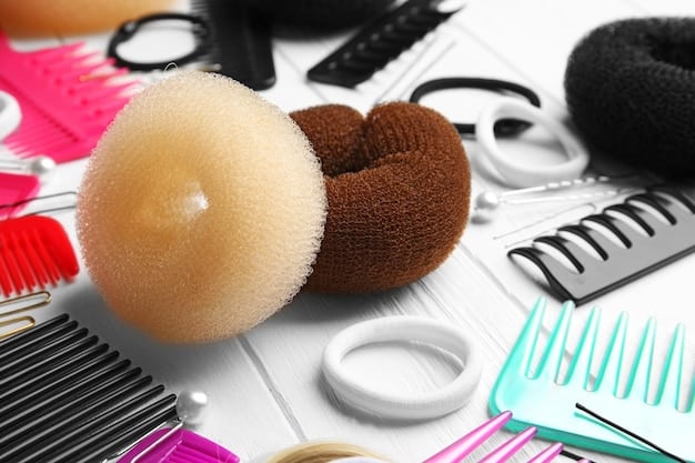A neat array of wig styling tools laid out on a clean white surface, including a wig head, various combs, scissors, hairspray, and a small heat gun, ready for a styling session.