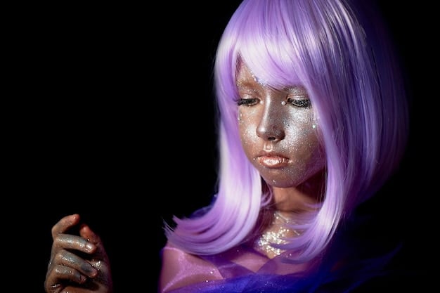 A close-up of a cosplayer's hands meticulously cutting wisps of a purple wig with sharp styling shears, highlighting precision.